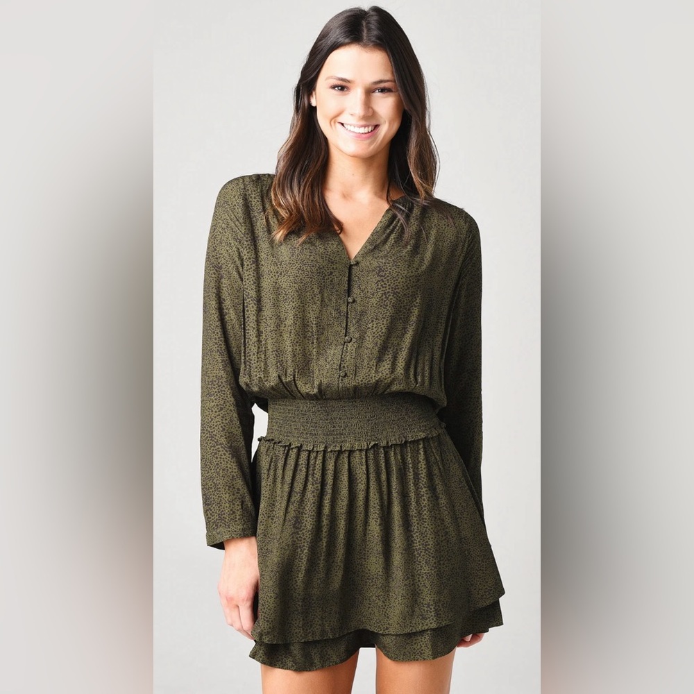 Rails Jasmine Smocked Waist V Neck Long Sleeve Mini Dress Tunic Olive Green M
